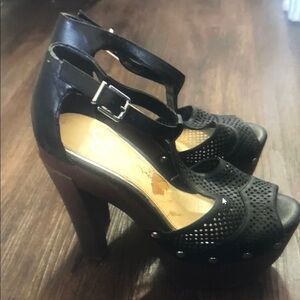 Black Perforated Platform Heeled Sandals - Women